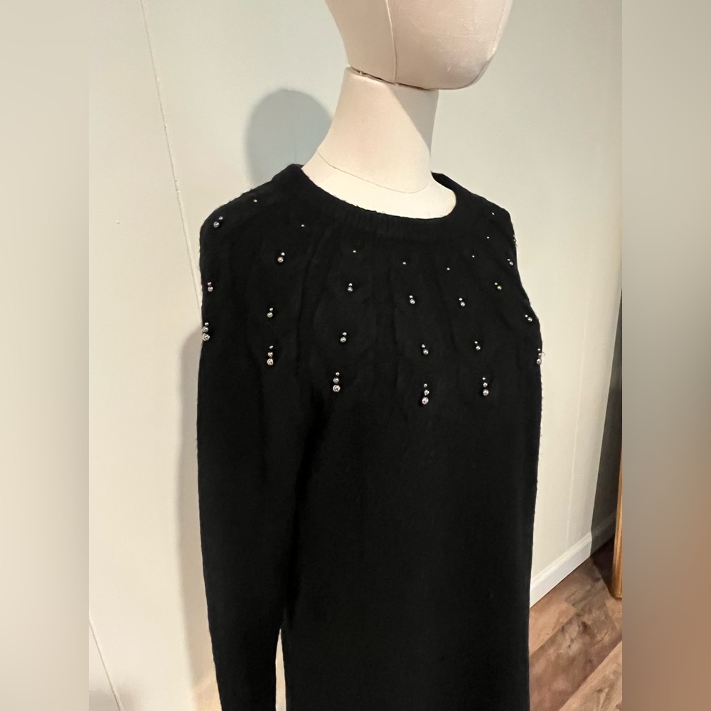 Talbots Knit Embellished Sweater Dress, Long Sleeves, Mid Length, Black
